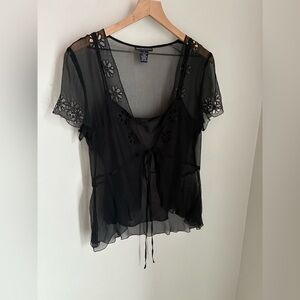 Y2K Silk Black Whimsigoth Floral Blouse Size Large